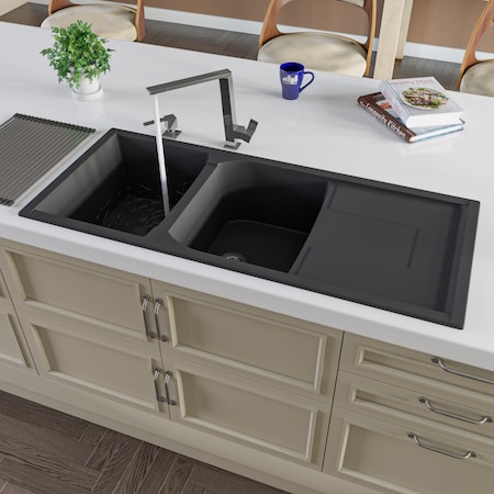 Black 46 Dbl Bowl Granite Composite Kitchen Sink W/ Drainboard